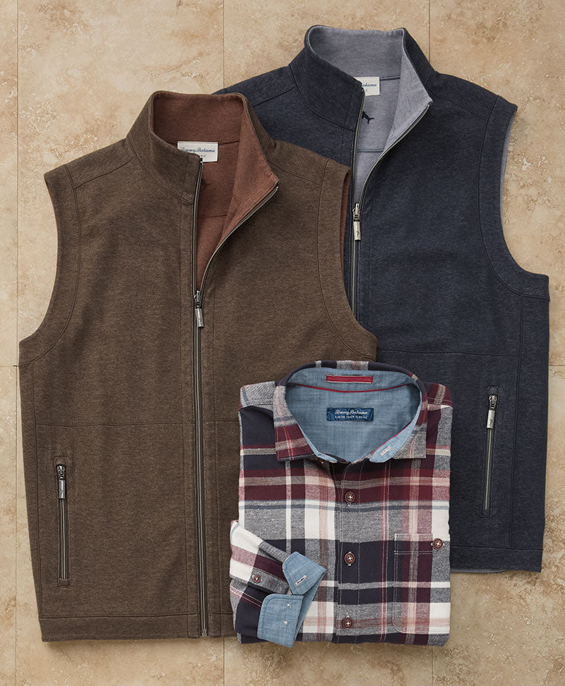 Tommy Bahama Flipview Reversible Full-Zip Vest and Long Sleeve Spread Collar Flannel Sport Shirt