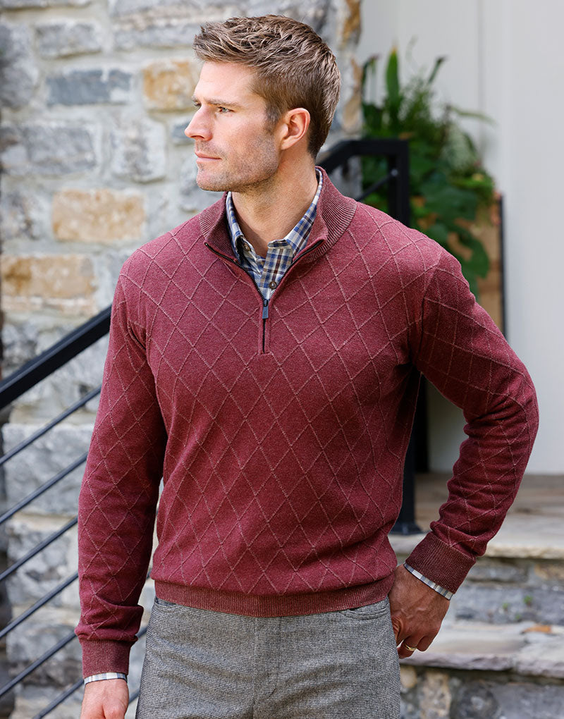 Male model wearing Westport Black Belvedere Diamond Quarter-Zip Pullover