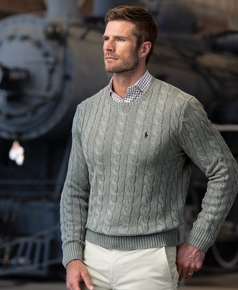 Male model wearing Polo Ralph Lauren Cotton Cable Crew Neck Sweater