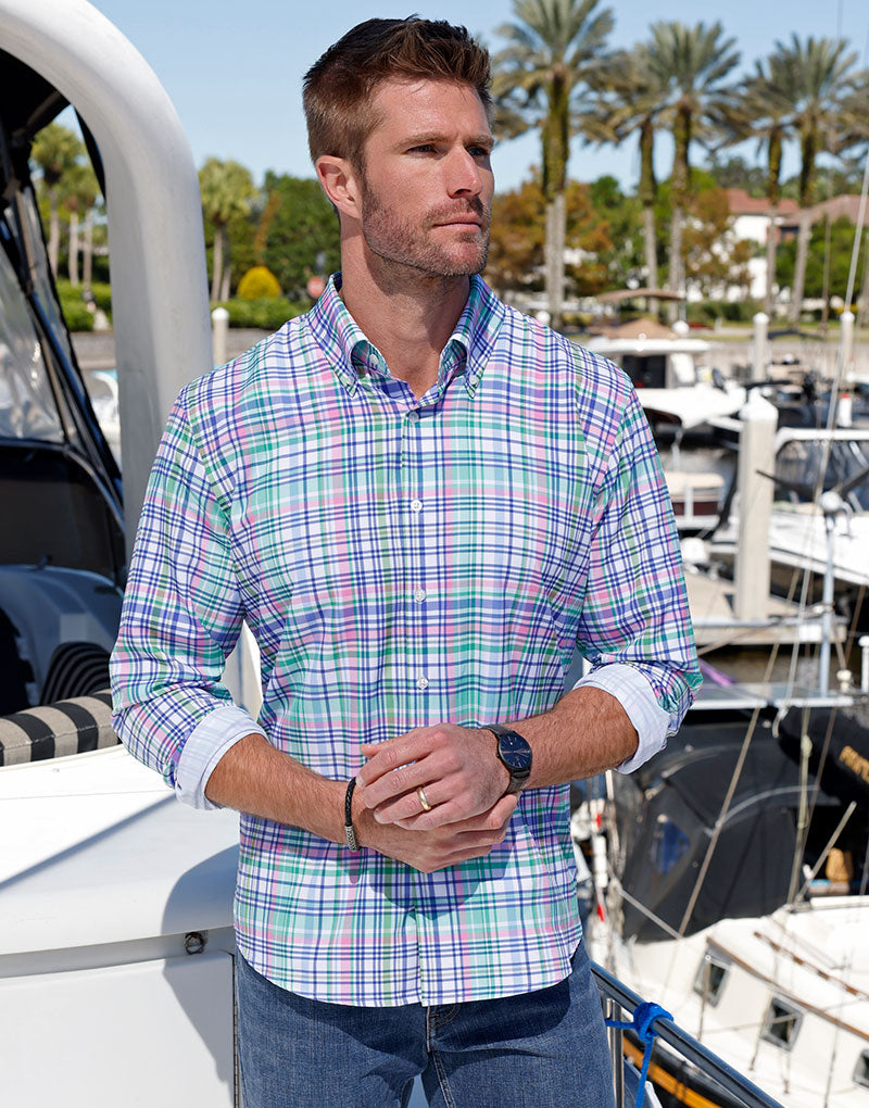 Male model wearing Westport No-Tuck Long Sleeve Button-Down Stretch Performance Plaid Sport Shirt