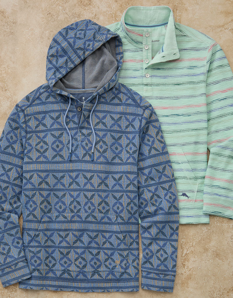 Tommy Bahama Diamante Dunes Baja Hoodie Pullover and Minori Sands Button Mock Pullover