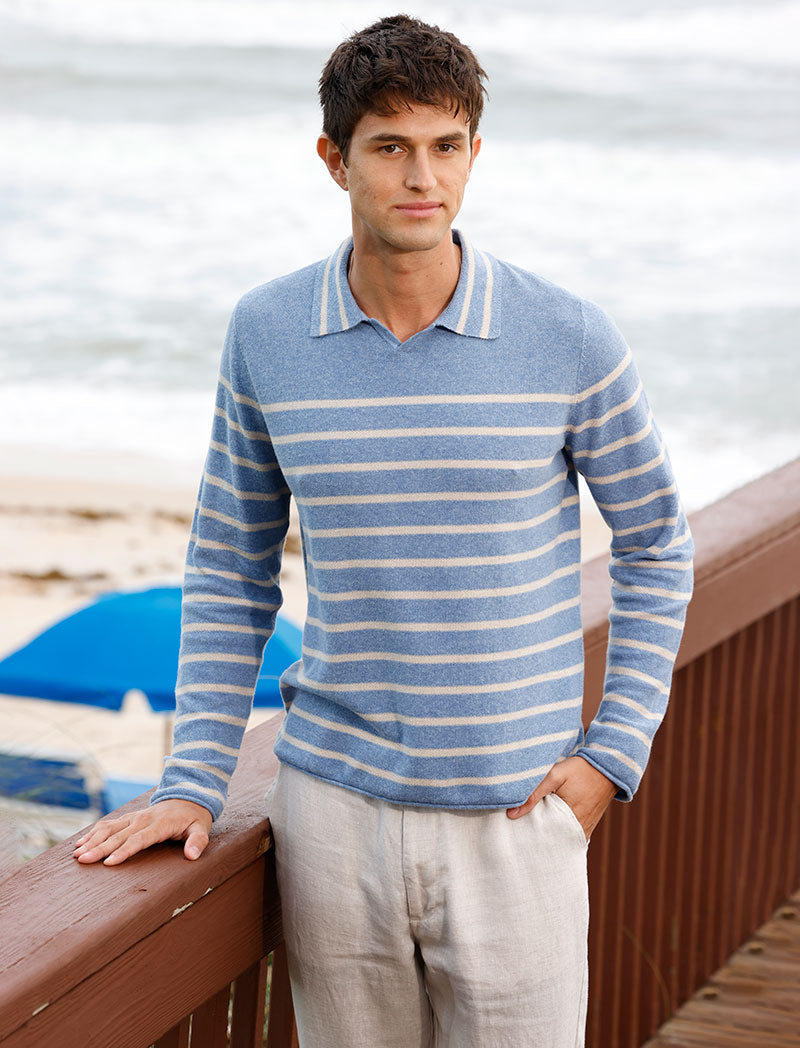 Male model wearing Westport Black Aruba Linen Blend V-Neck Polo