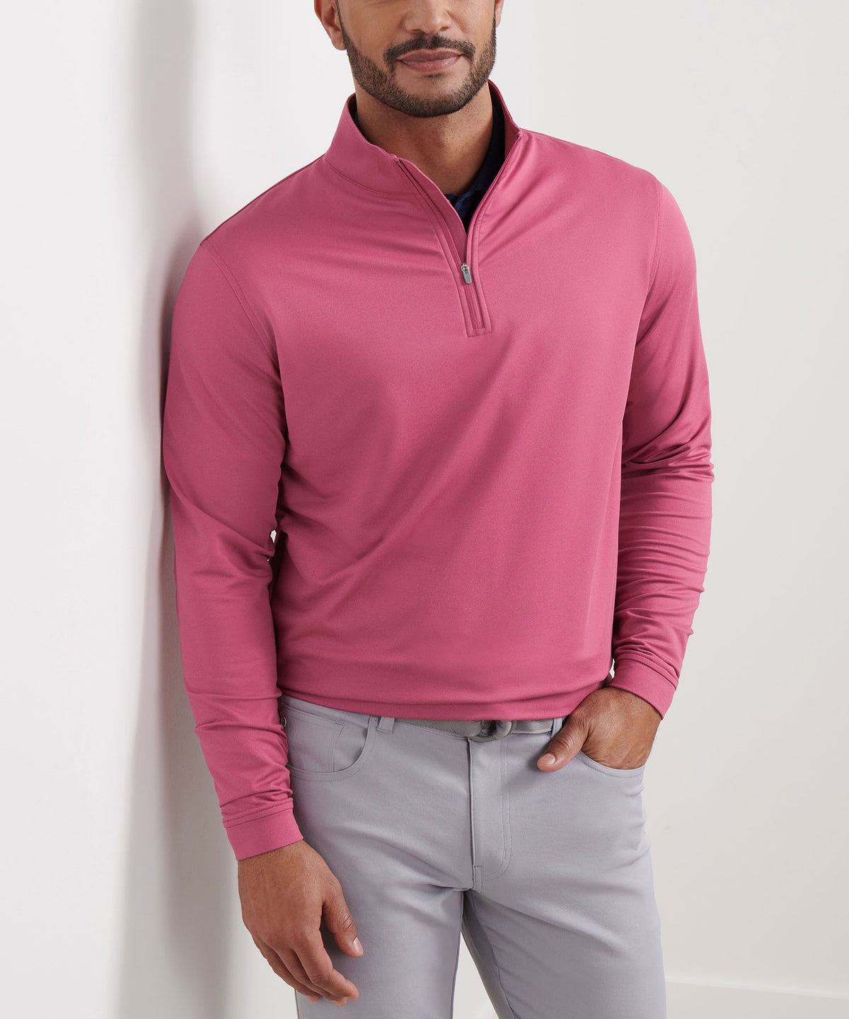 Pink quarter-zip terry pullover worn with light gray pants, front view, Peter Millar Men's Big & Tall