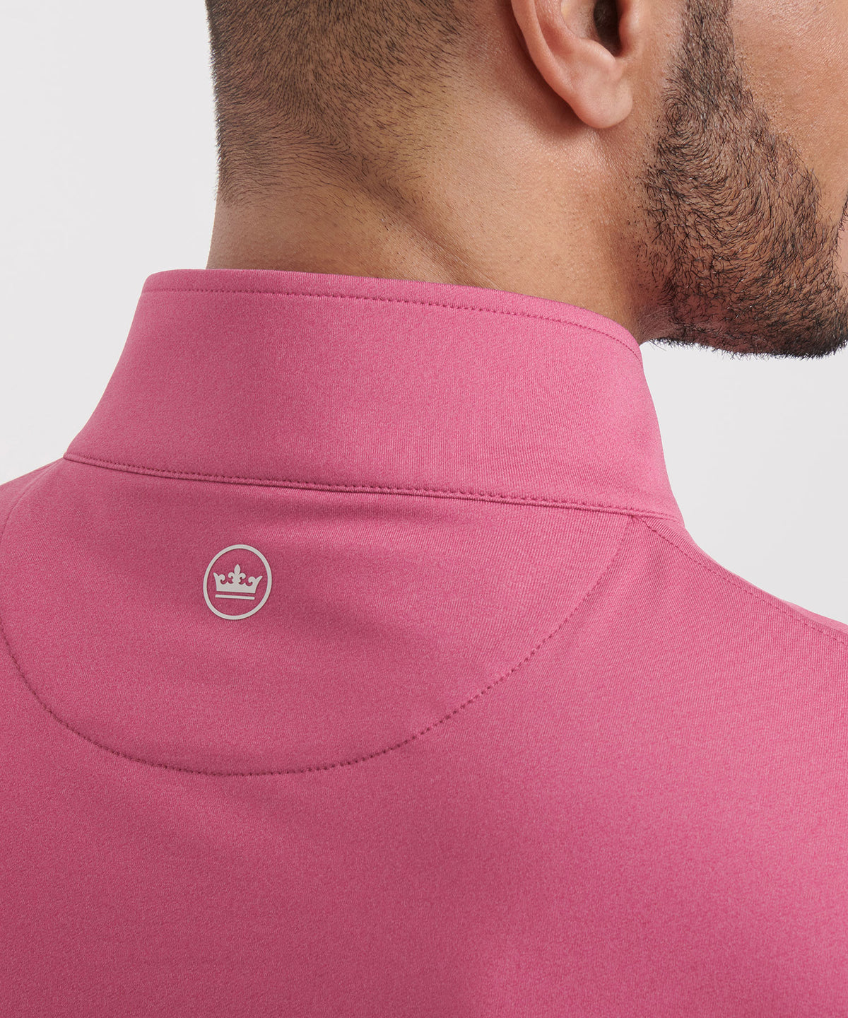 Pink quarter-zip terry pullover with stand collar and small circular neck logo, Peter Millar Men's Big & Tall
