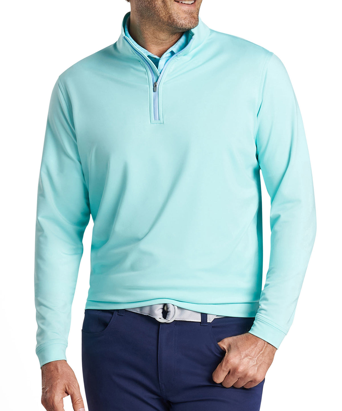 Men's quarter-zip stretch pullover in light teal with ribbed half-zip collar., Peter Millar Men's Big & Tall