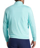 Men's quarter-zip stretch pullover, back view, light teal with long sleeves.