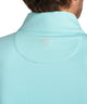 Men's quarter-zip stretch pullover back neck area in light teal with small logo.