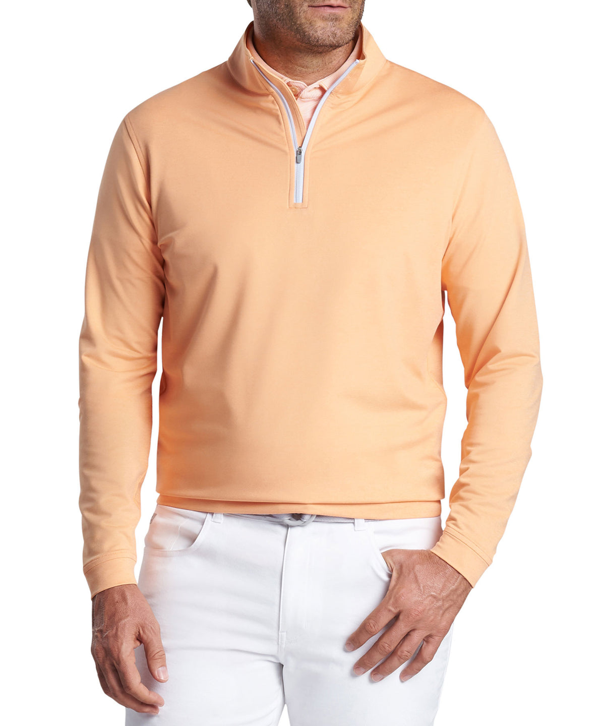 Peach-orange quarter-zip terry pullover worn with white pants, front view, Peter Millar Men's Big & Tall