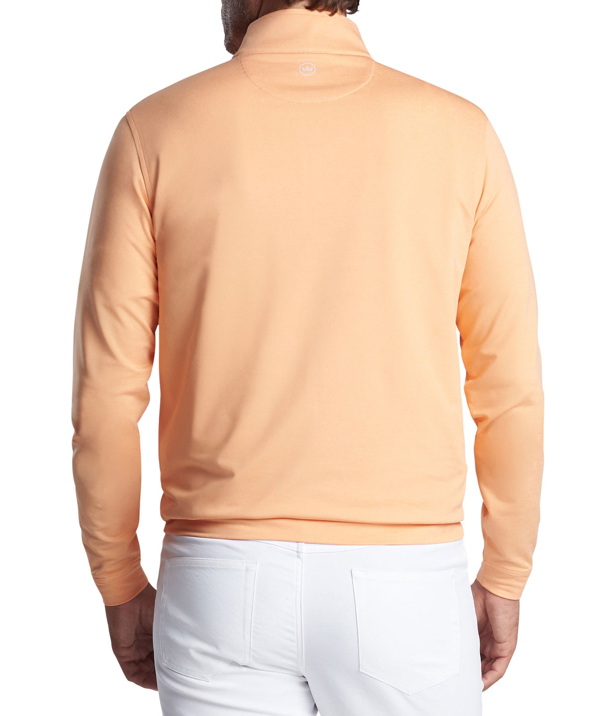 Peach-orange quarter-zip terry pullover worn with white pants, back view, Peter Millar Men's Big & Tall