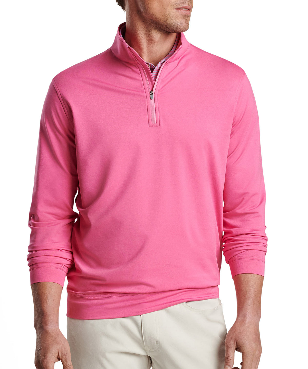 Men's quarter-zip stretch pullover, front view, bright pink with long sleeves., Peter Millar Men's Big & Tall