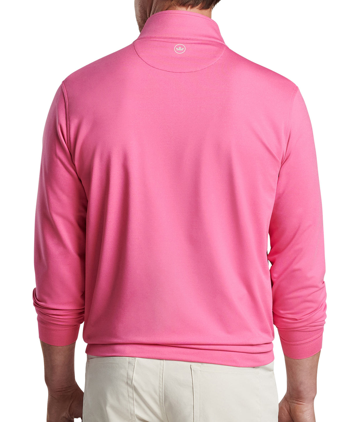 Men's quarter-zip stretch pullover, back view, bright pink with rear logo patch., Peter Millar Men's Big & Tall