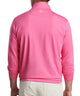Men's quarter-zip stretch pullover, back view, bright pink with rear logo patch.