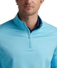 Light blue quarter-zip pullover close-up with front zipper and collar
