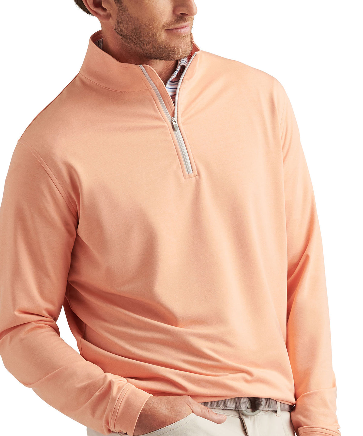 Peach stretch quarter-zip pullover worn with a visible half-zip collar., Peter Millar Men's Big & Tall