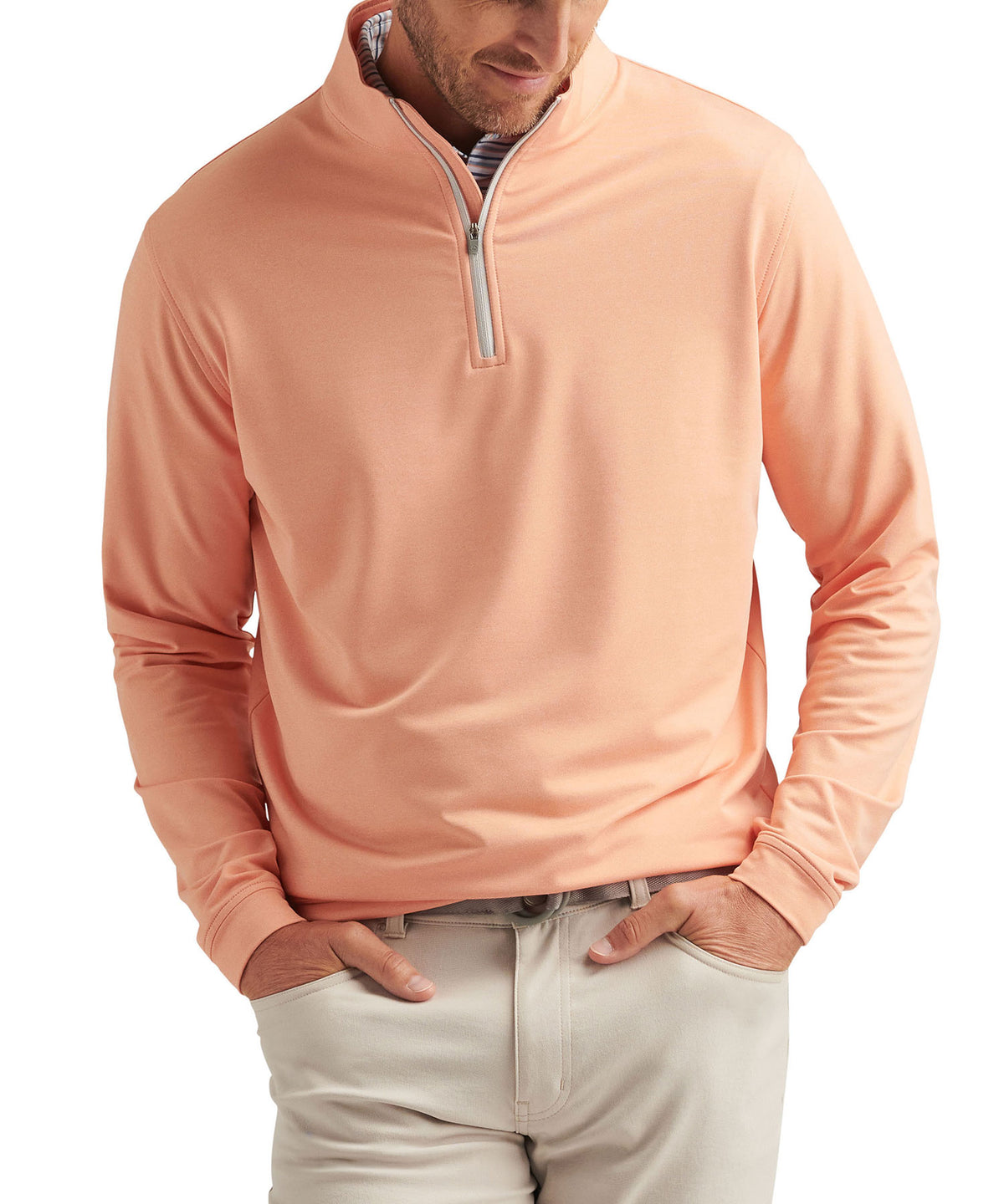 Peach stretch quarter-zip pullover with zip placket and long sleeves., Peter Millar Men's Big & Tall
