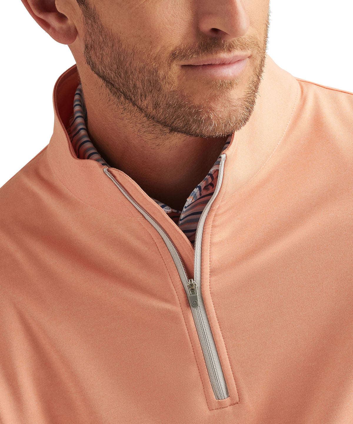 Peach stretch quarter-zip pullover close-up with half-zip and inner striped collar., Peter Millar Men's Big & Tall