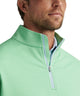 Peter Millar Perth pullover in pear tart, close-up front detail of contrast zipper