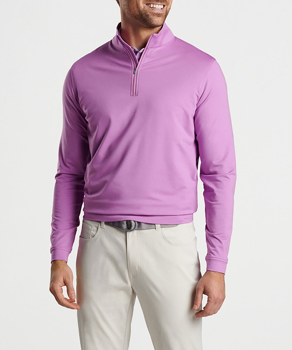 Lilac quarter-zip pullover with ribbed collar, worn with light trousers, Peter Millar Men's Big & Tall