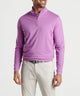 Lilac quarter-zip pullover with ribbed collar, worn with light trousers