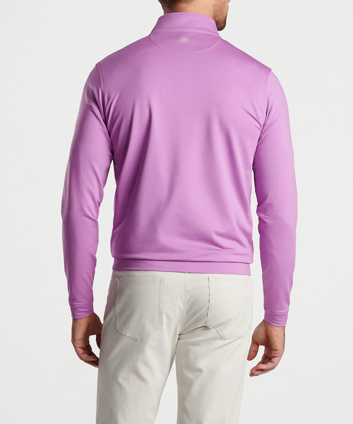 Lilac quarter-zip pullover sweater from back with high collar, Peter Millar Men's Big & Tall