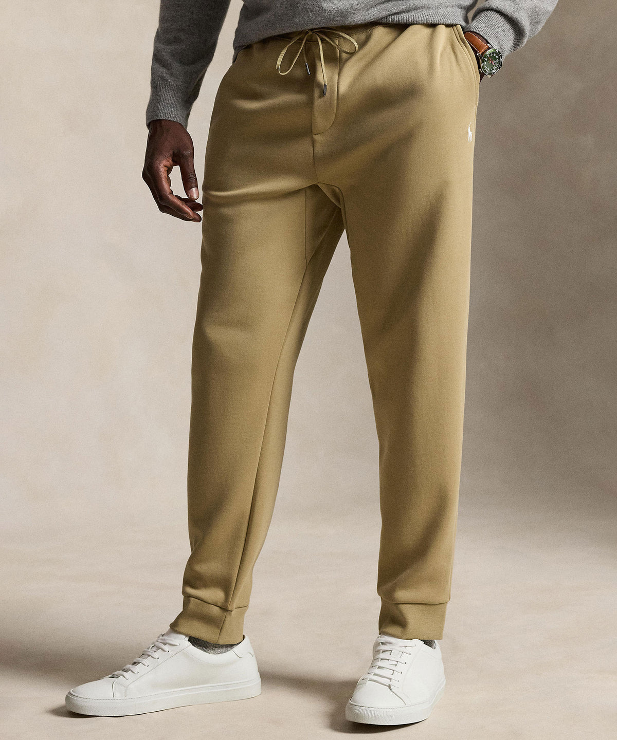 Polo Ralph Lauren double-knit jogger pants, tan on-model with front pockets and drawstring - Surrey Tan, Men's Big & Tall