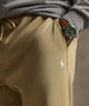 Polo Ralph Lauren double-knit jogger pants, tan close-up of logo and drawstring waist - Surrey Tan