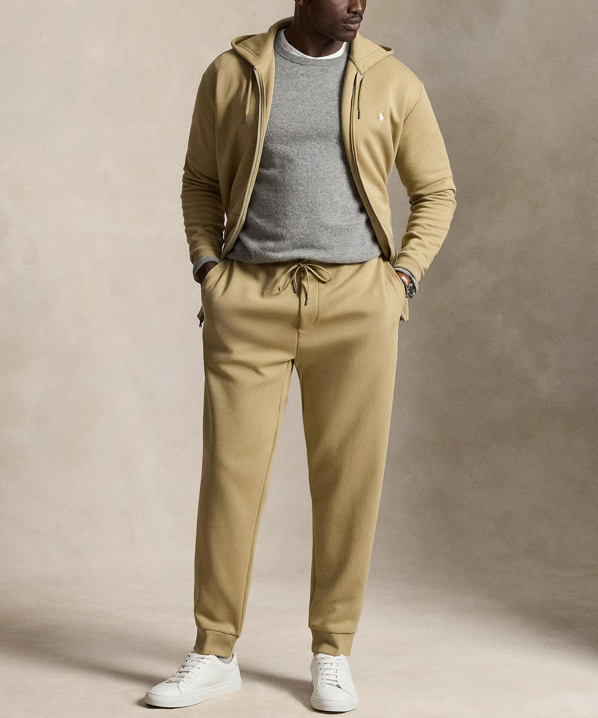 Polo Ralph Lauren double-knit jogger pants, tan on-model with drawstring and cuffed hem - Surrey Tan, Men's Big & Tall