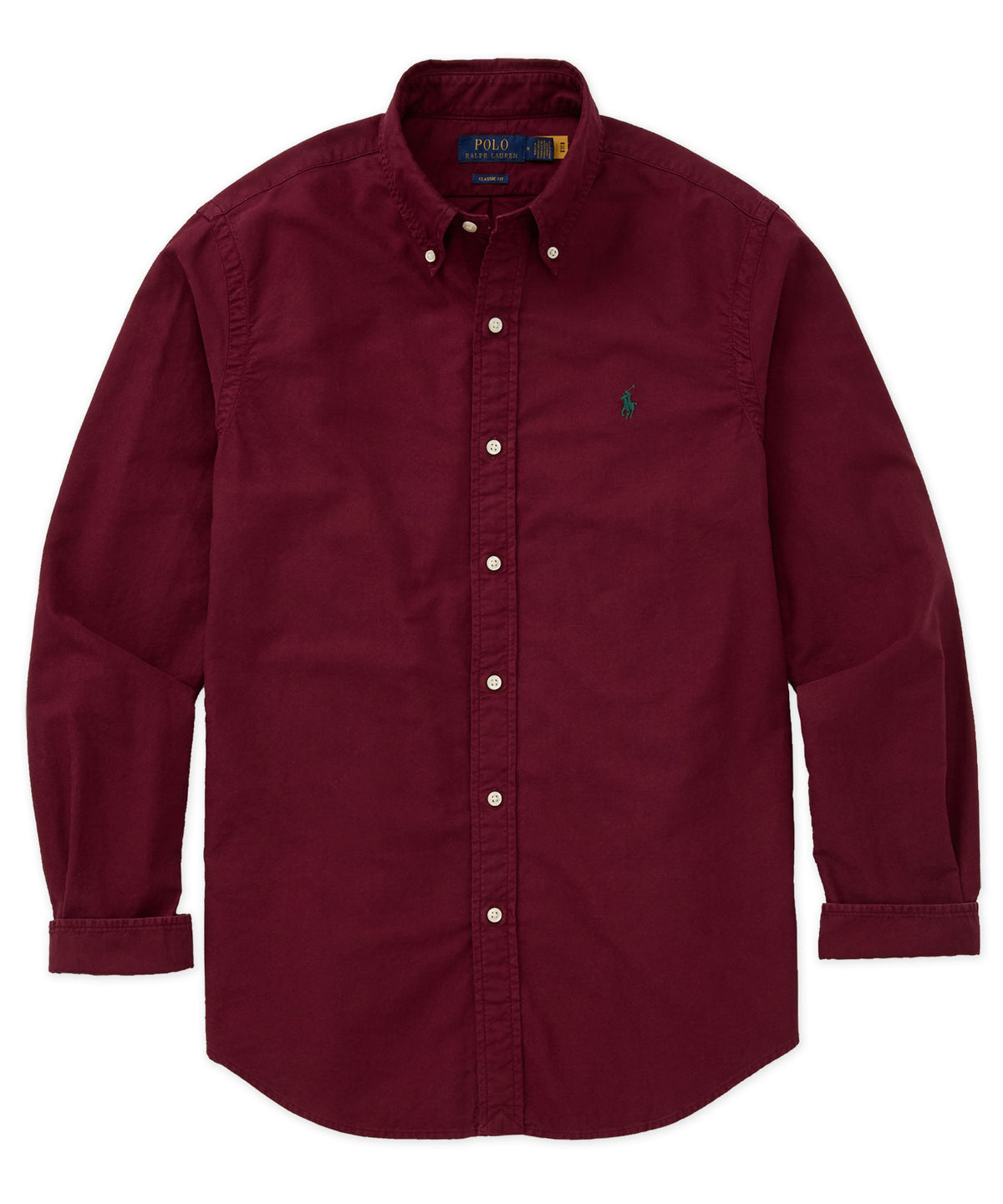 Long-sleeve garment-dyed oxford sport shirt, burgundy, button front with Polo logo - Classic Wine, Polo Ralph Lauren Men's Big & Tall