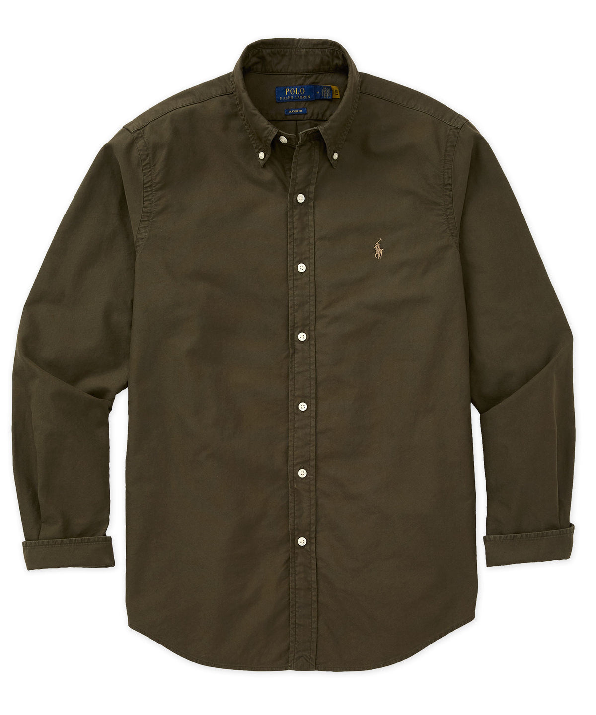 Long-sleeve garment-dyed oxford sport shirt, dark olive green, button front - Company Olive, Polo Ralph Lauren Men's Big & Tall
