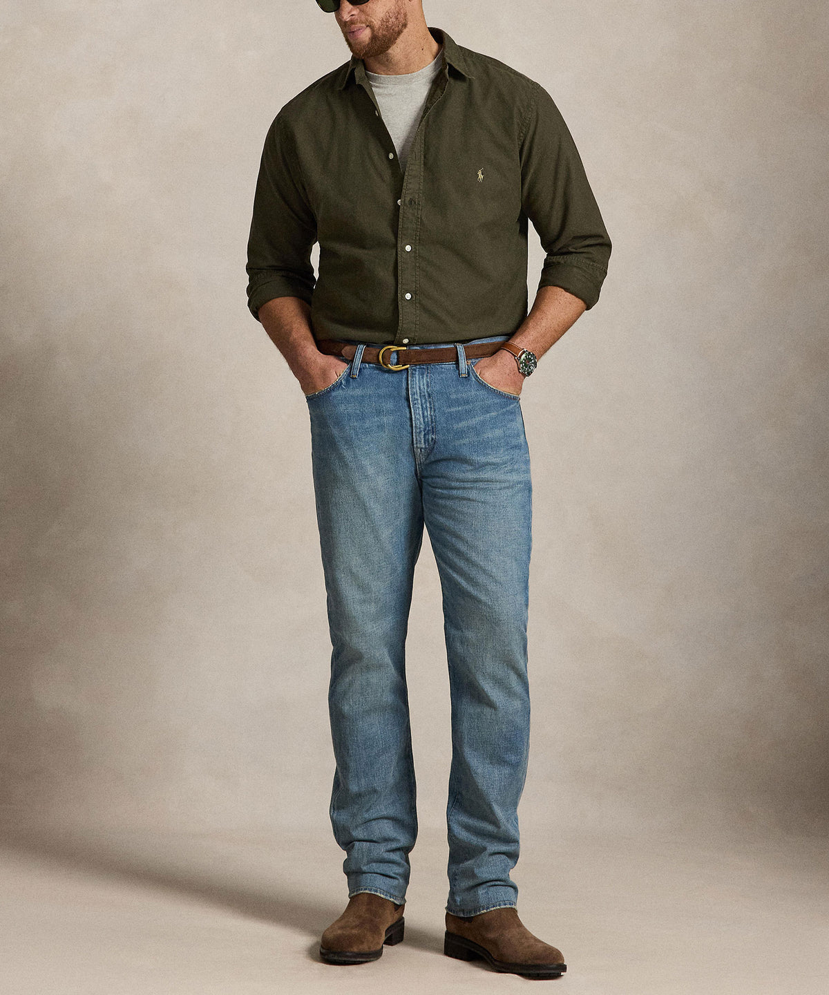 Olive long-sleeve Oxford button-down sport shirt, front view with chest logo - Company Olive, Polo Ralph Lauren Men's Big & Tall