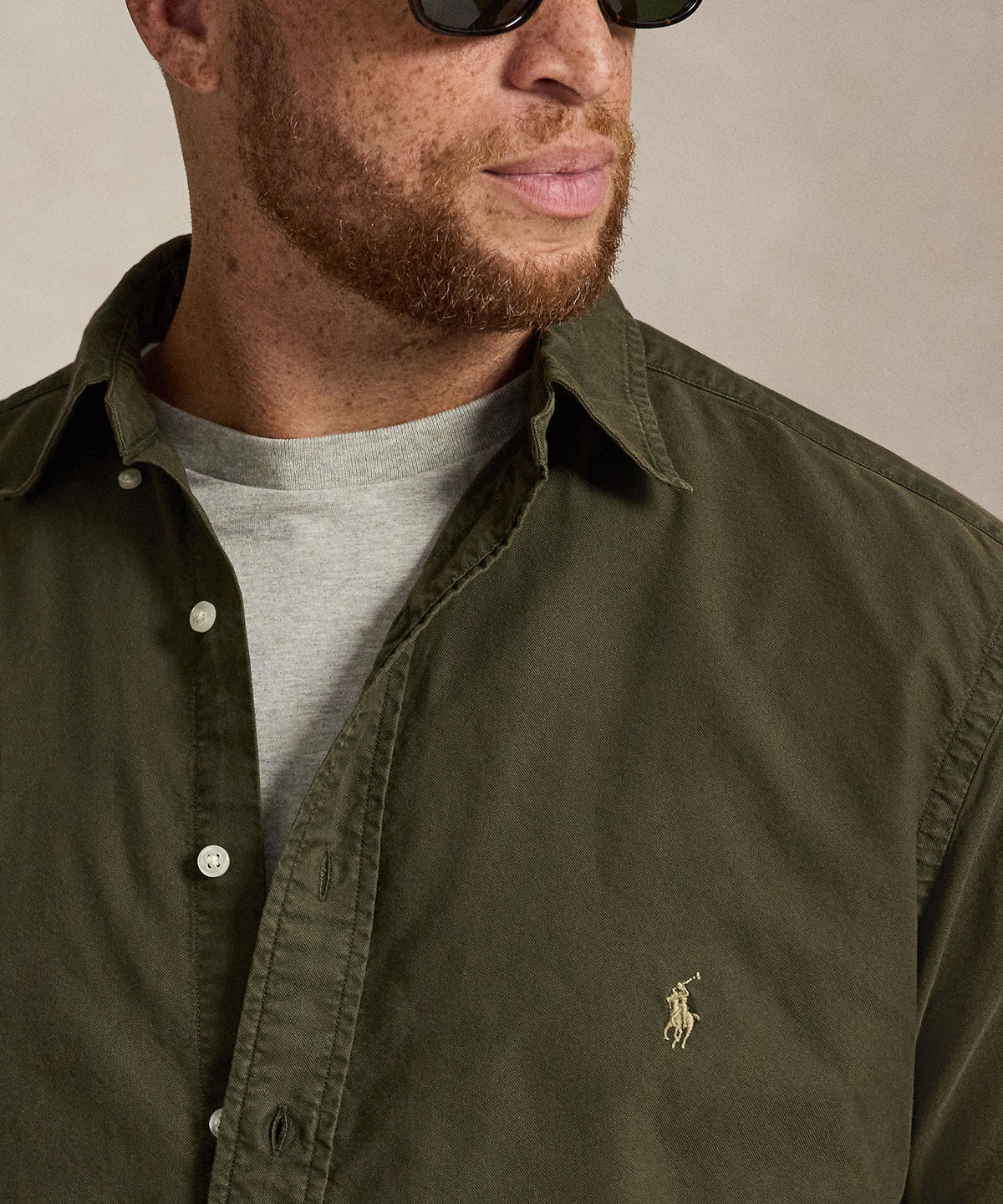 Olive long-sleeve Oxford button-down sport shirt close-up with Polo chest logo - Company Olive, Polo Ralph Lauren Men's Big & Tall
