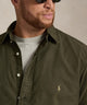 Olive long-sleeve Oxford button-down sport shirt close-up with Polo chest logo - Company Olive