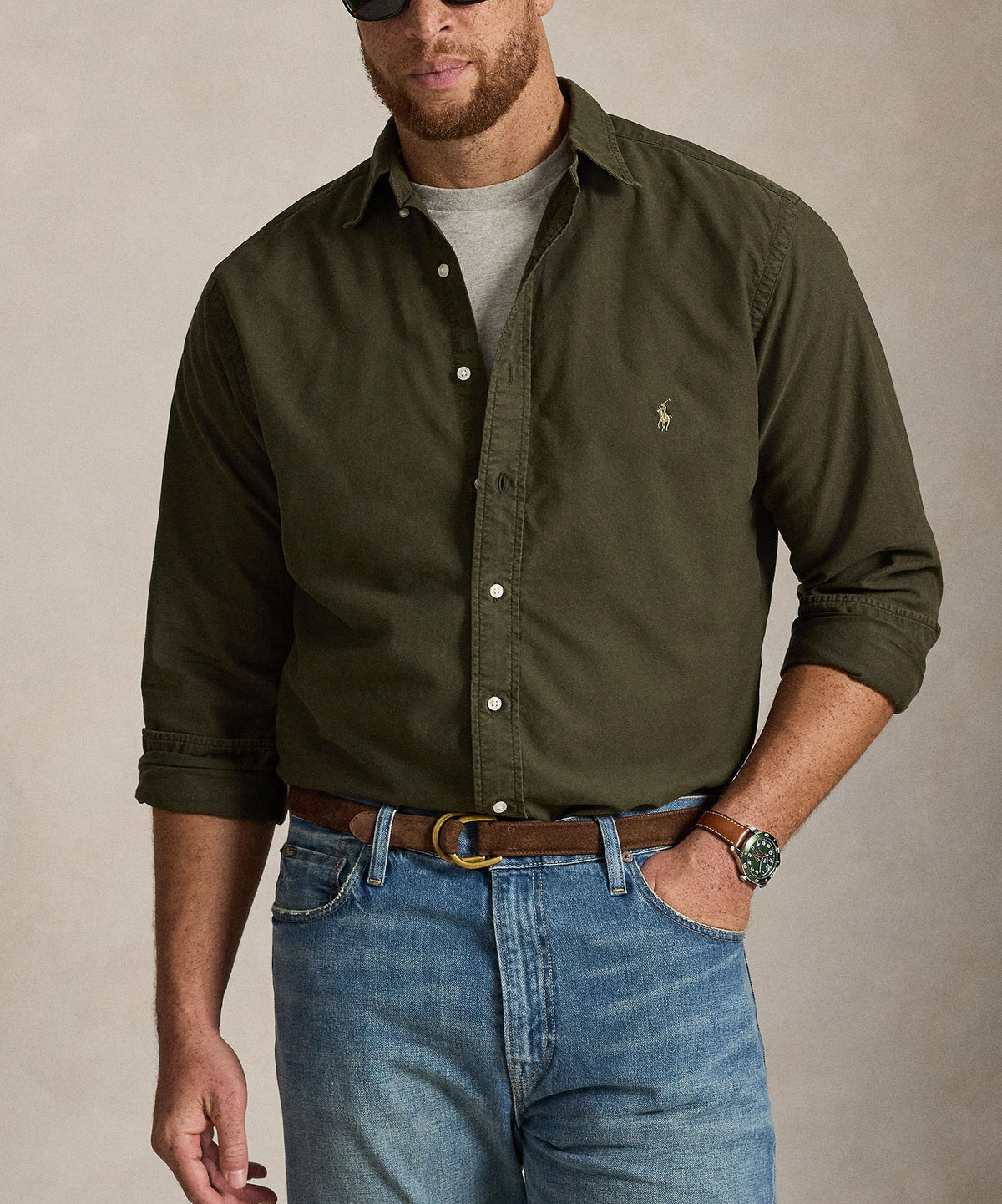 Olive long-sleeve Oxford button-down sport shirt with small Polo logo - Company Olive, Polo Ralph Lauren Men's Big & Tall
