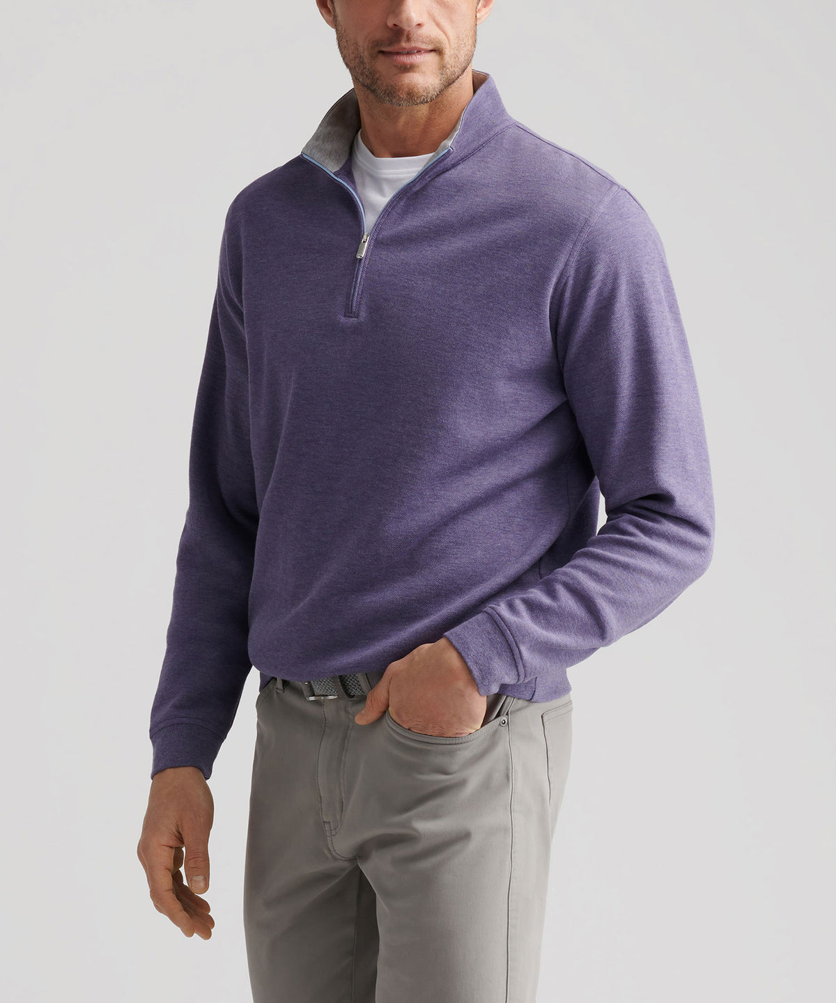 Men's heather purple quarter-zip pullover with long sleeves and zip neck, Peter Millar Men's Big & Tall