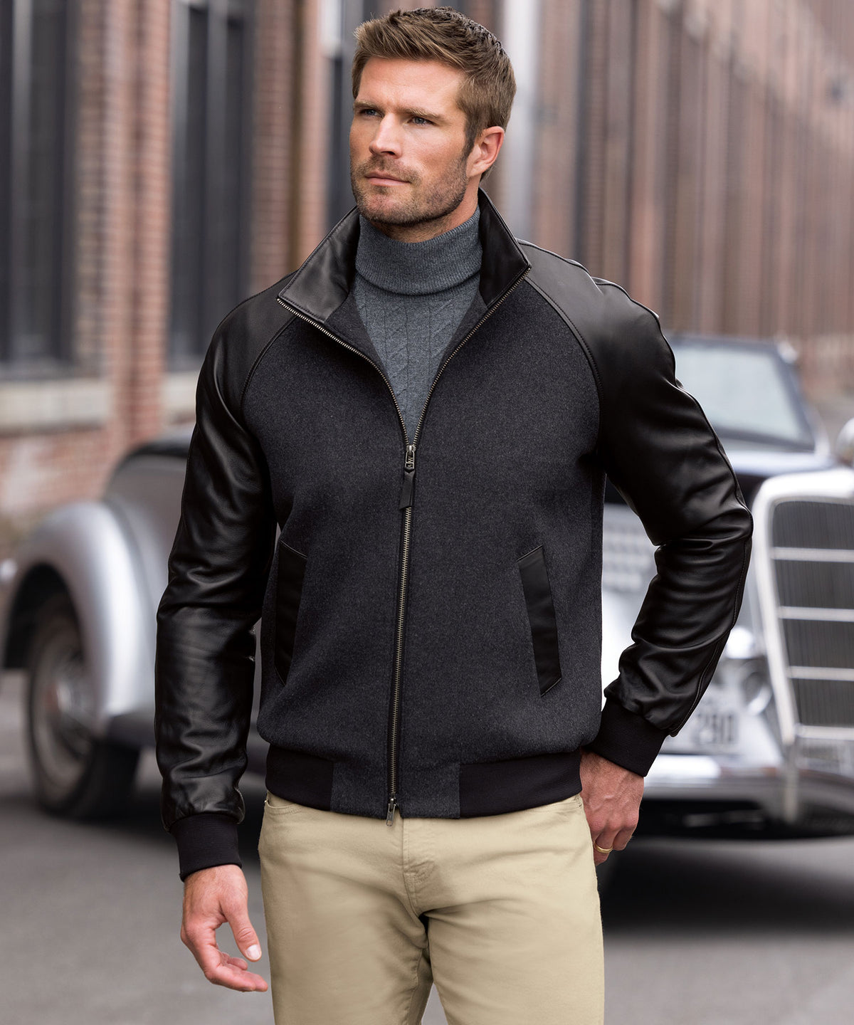 Westport Black Cashmere & Lambskin Bomber Jacket, Men's Big & Tall