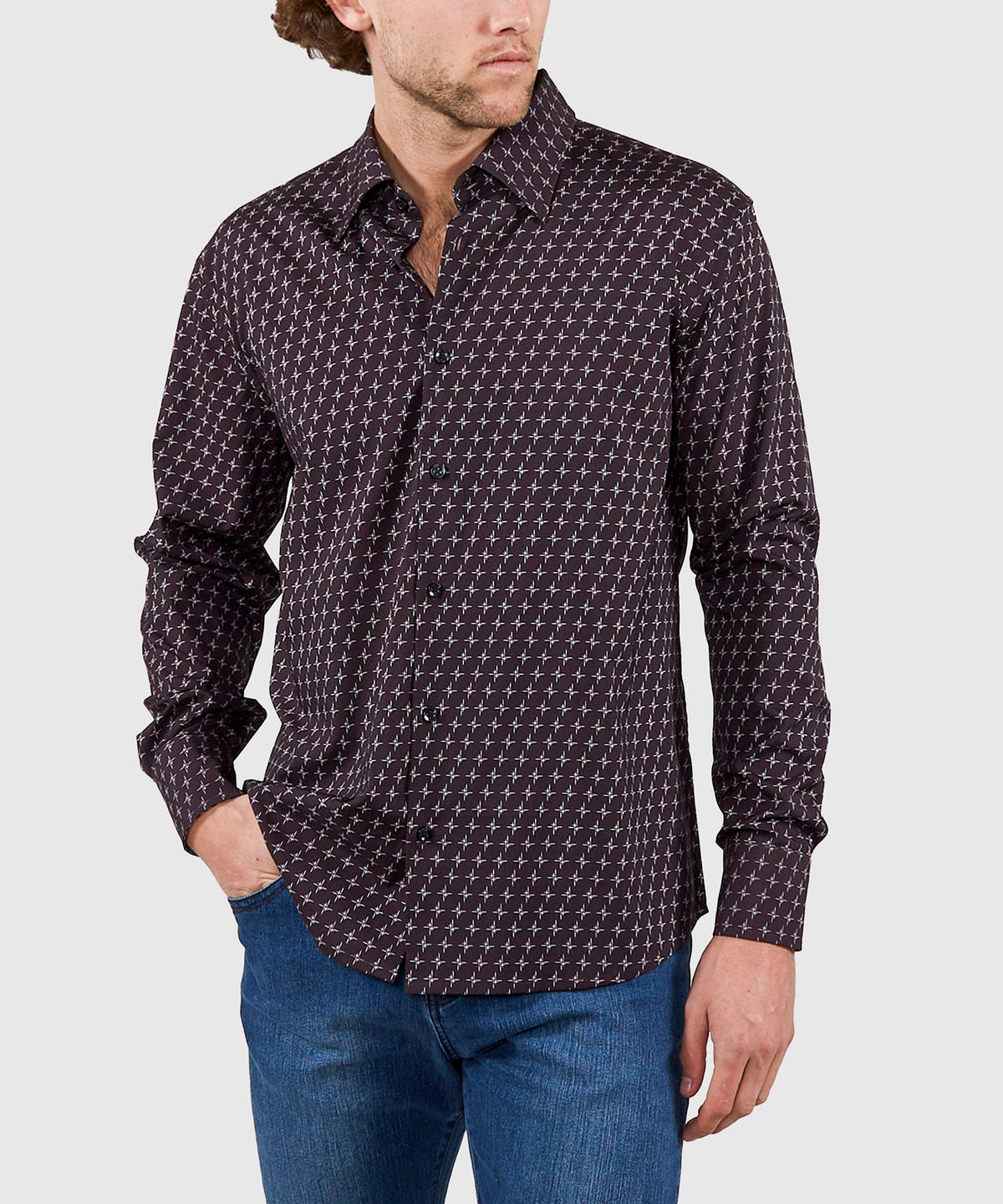 Westport No-Tuck Long Sleeve Button Under Collar Stretch Performance 'Stars' Sport Shirt, Men's Big & Tall