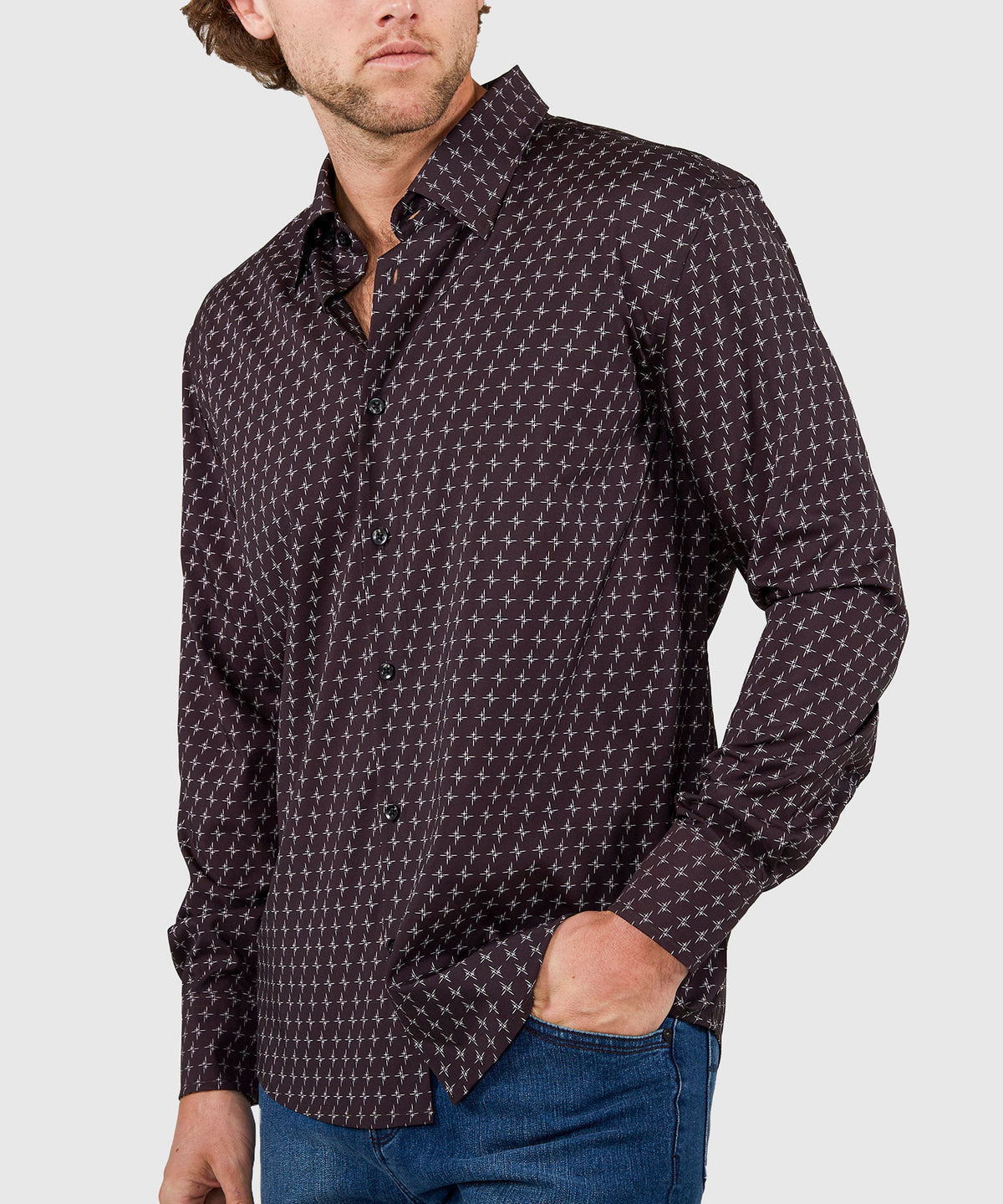 Westport No-Tuck Long Sleeve Button Under Collar Stretch Performance 'Stars' Sport Shirt, Men's Big & Tall