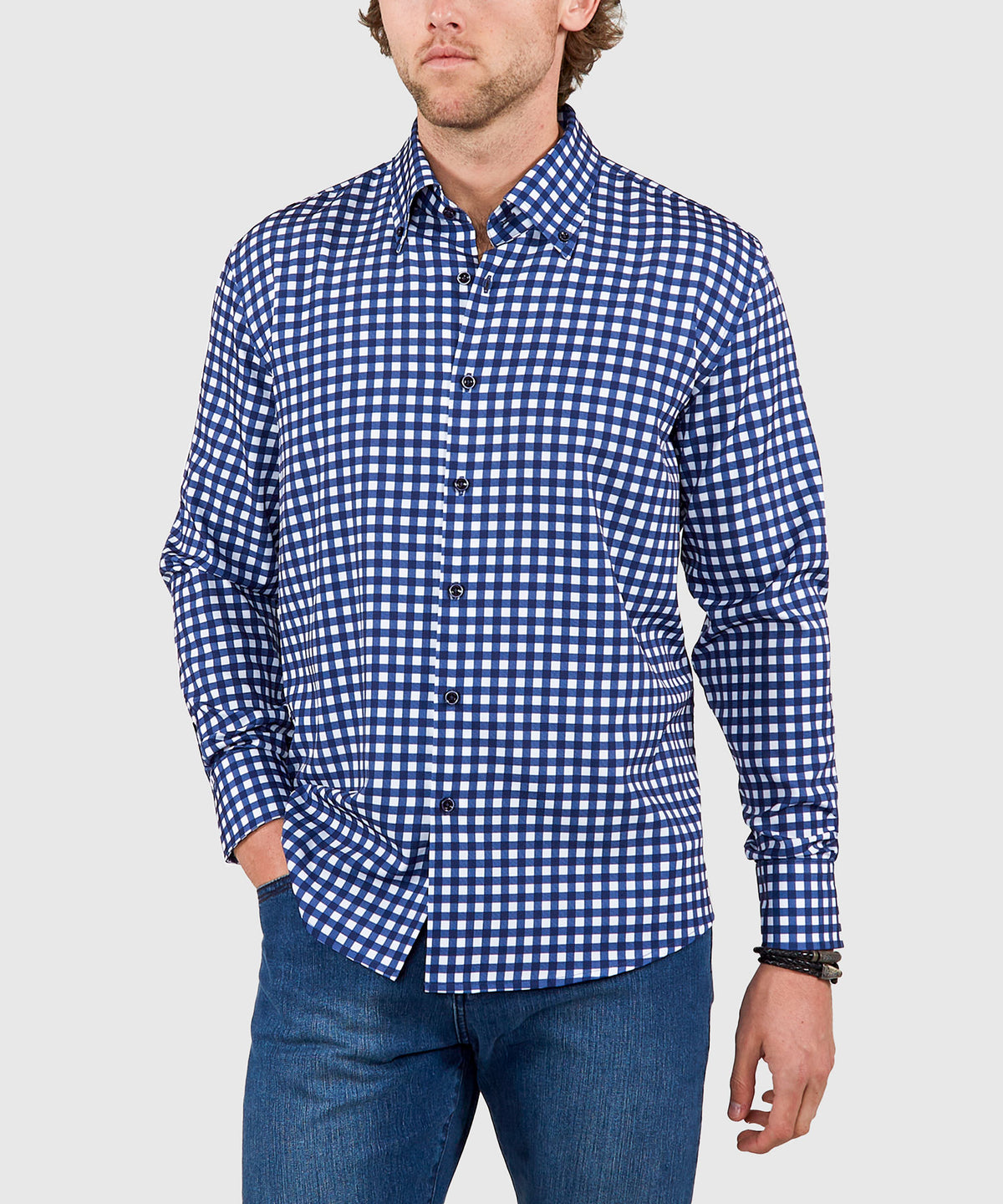Westport No-Tuck Long Sleeve Button Down Collar Stretch Performance Gingham Sport Shirt, Men's Big & Tall