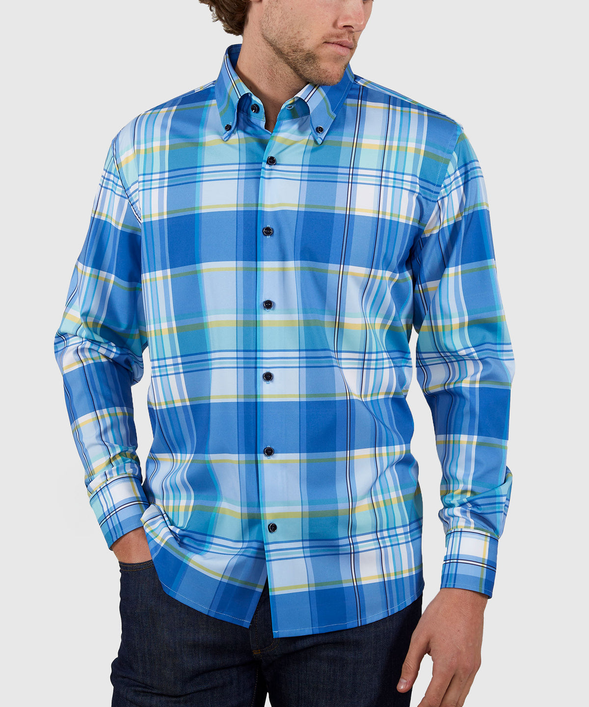 Westport No-Tuck Long Sleeve Button Down Collar Stretch Performance Plaid Sport Shirt, Men's Big & Tall