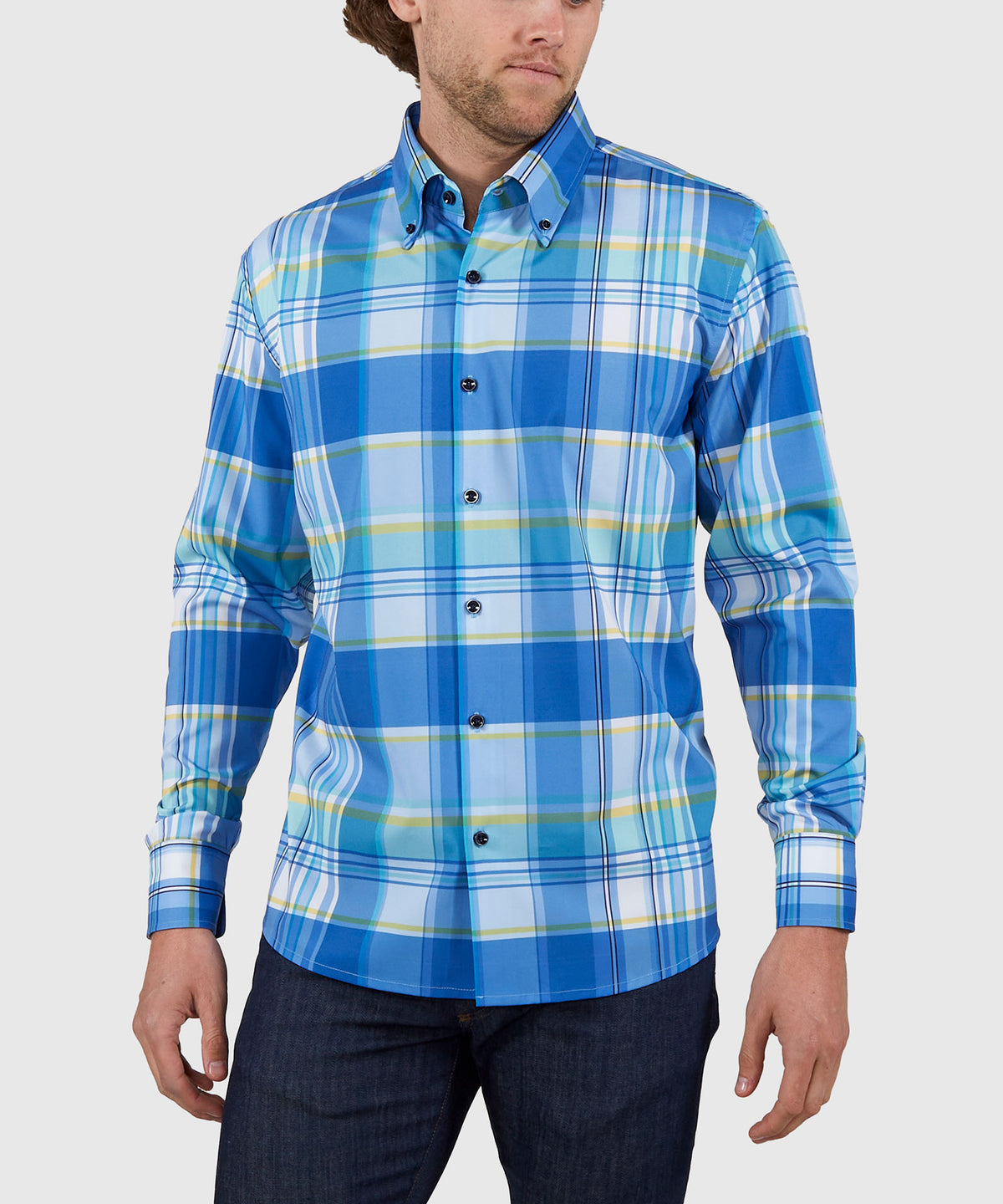 Westport No-Tuck Long Sleeve Button Down Collar Stretch Performance Plaid Sport Shirt, Men's Big & Tall
