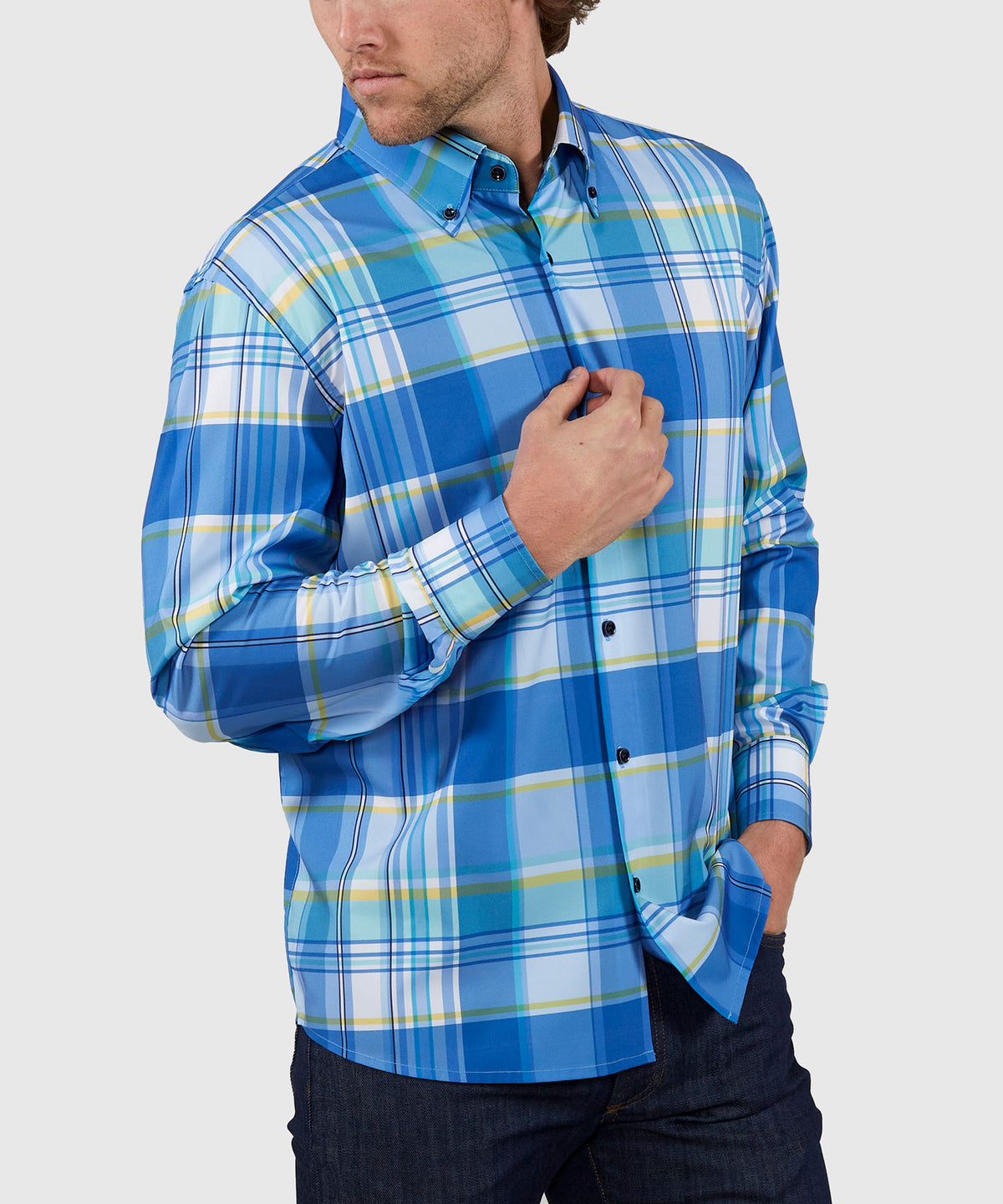 Westport No-Tuck Long Sleeve Button Down Collar Stretch Performance Plaid Sport Shirt, Men's Big & Tall
