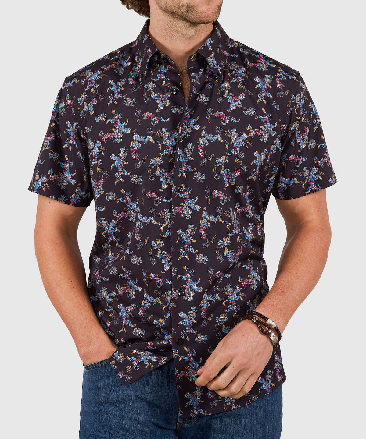 Westport No-Tuck Short Sleeve Button Down Collar Stretch Performance 'Lush Paisley' Sport Shirt, Men's Big & Tall