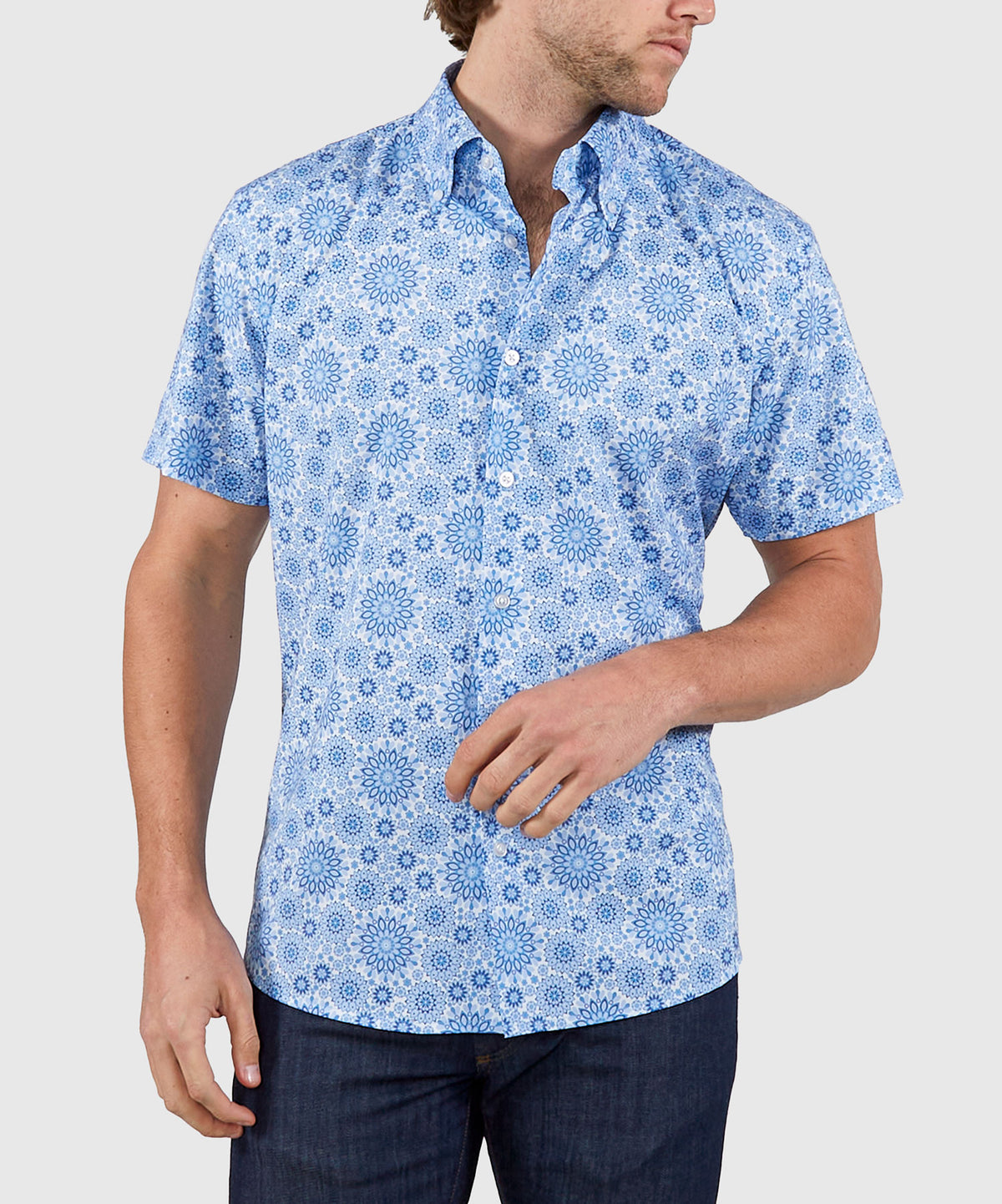 Westport No-Tuck Short Sleeve Button Down Collar Stretch Performance 'Mandala' Sport Shirt, Men's Big & Tall