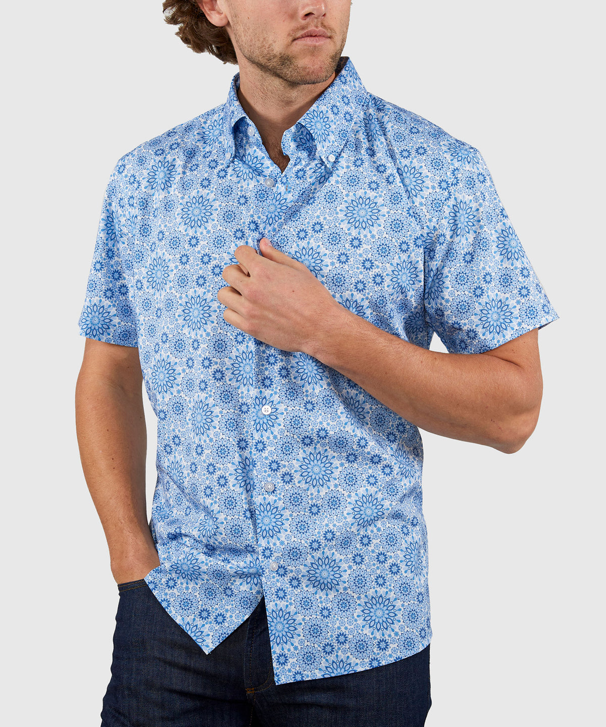 Westport No-Tuck Short Sleeve Button Down Collar Stretch Performance 'Mandala' Sport Shirt, Men's Big & Tall