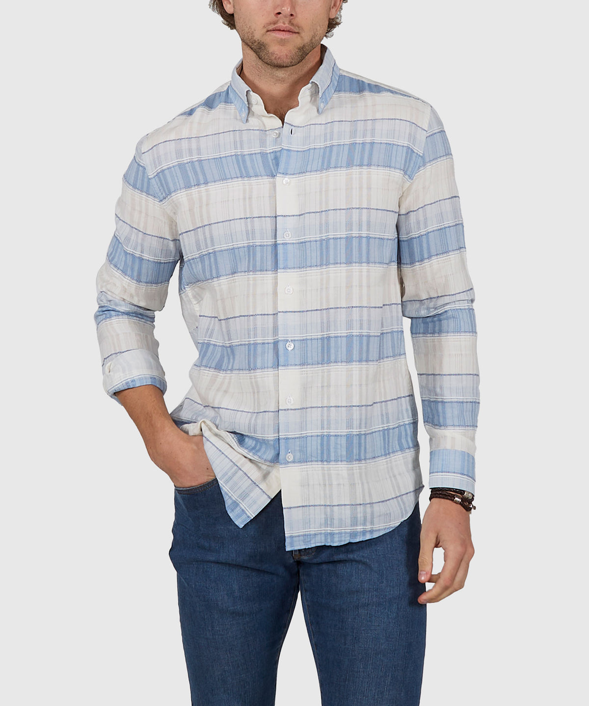 Westport Black Long Sleeve Button Down Collar Printed Cotton-Linen Sport Shirt, Men's Big & Tall