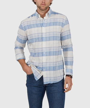 Westport Black Long Sleeve Button Down Collar Printed Cotton-Linen Sport Shirt