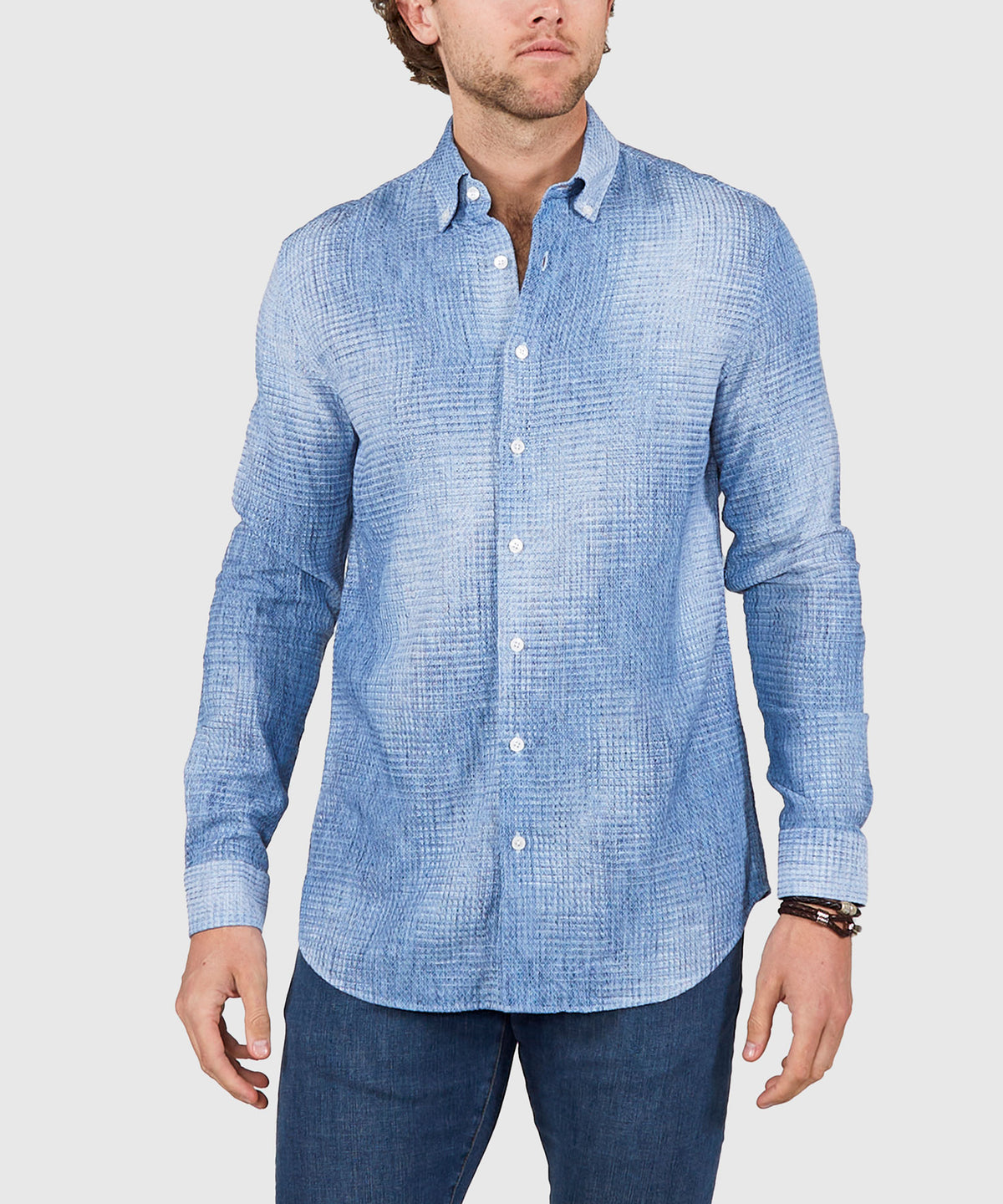 Westport Black Long Sleeve Button Down Collar Printed Cotton-Linen Sport Shirt, Men's Big & Tall