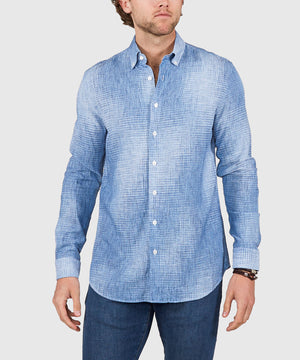 Westport Black Long Sleeve Button Down Collar Printed Cotton-Linen Sport Shirt