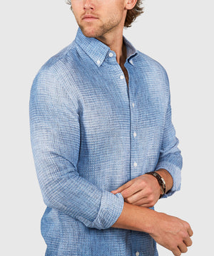 Westport Black Long Sleeve Button Down Collar Printed Cotton-Linen Sport Shirt