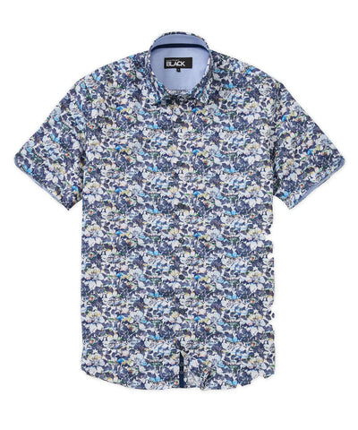 Westport Black Short Sleeve Semi Spread Button Under Collar Print Sport Shirt, Men's Big & Tall